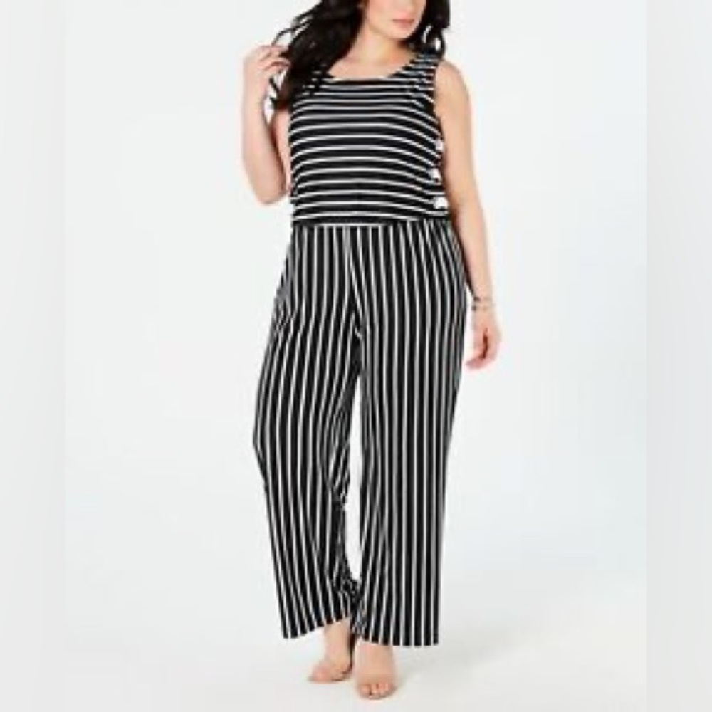 New NY Collection Women's  Sleeveless Striped Jumpsuit  1x  Black/White